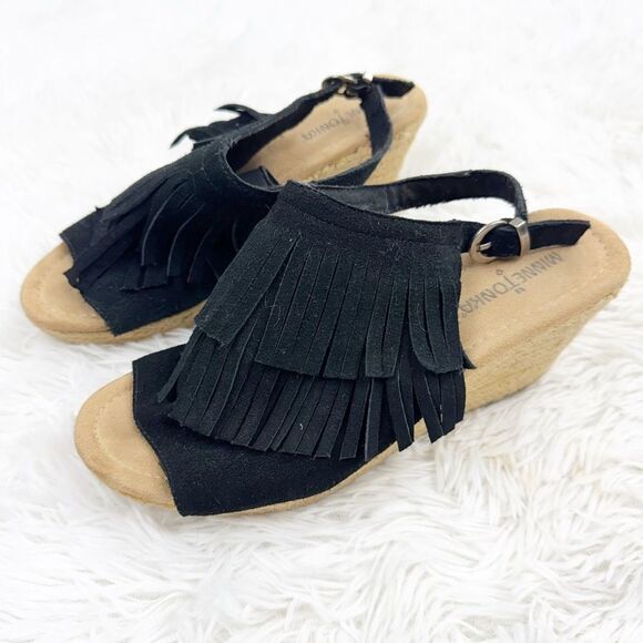 Minnetonka Ashley Sue Fringe Suede Leather Espadrille Wedge Sandals - Picture 2 of 11